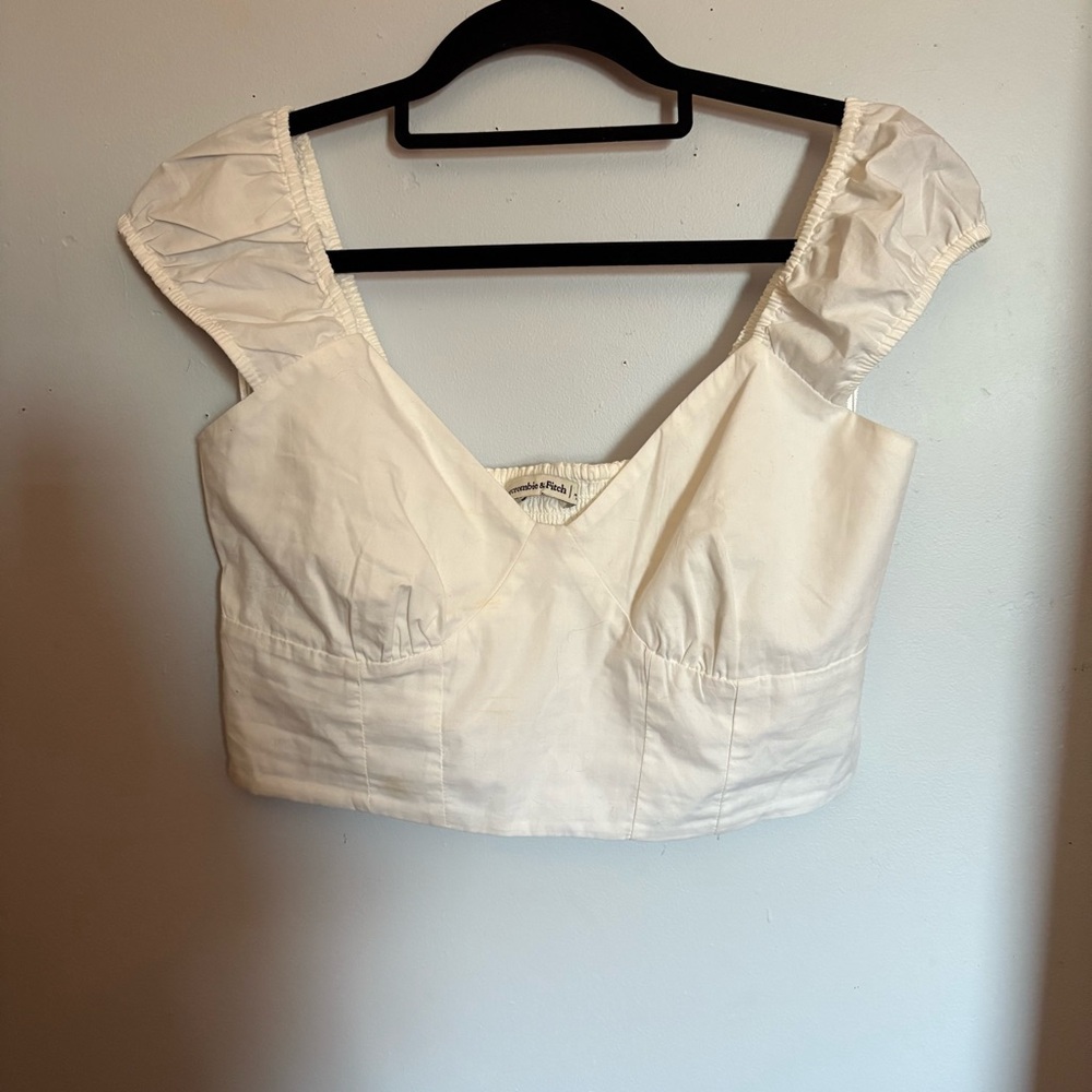 Abercrombie & Fitch Women’s White V-Neck Crop Adjustable Puff Sleeves Top-Medium